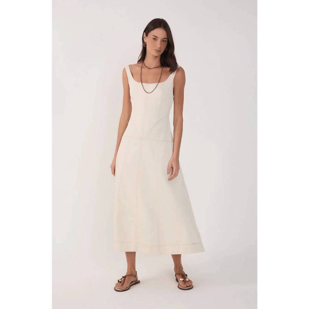 NEW DRESS TO topstitched twill midi dress in off white